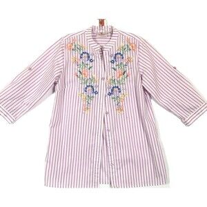 Quaker Factory Floral Embroidered Blouse by Jeanne Bice Striped Mature Womens XS
